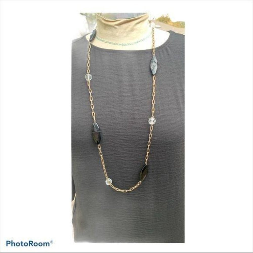 80's Vintage Long Chain with Clear and Black Beads